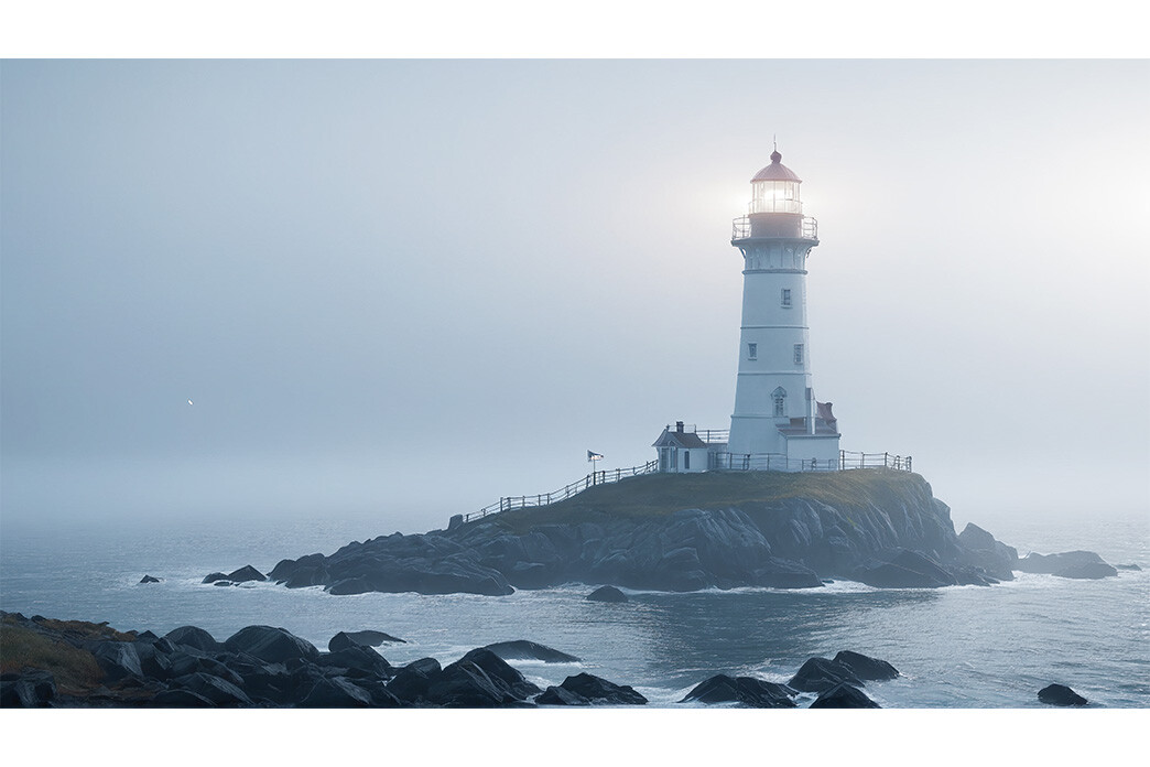 Solitary lighthouse standing on a rocky island, surrounded by a misty ocean.