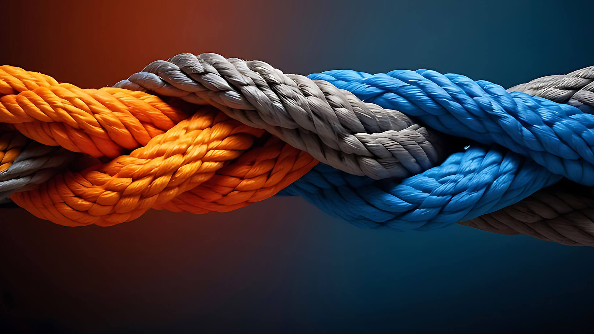 Close-up of intertwined ropes in different colors, symbolizing strength in partnership, with the text 